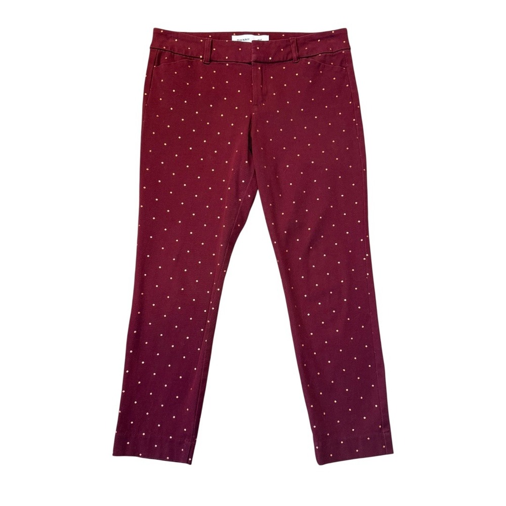 Old Navy Pixie Ankle Pants Womens 6 Burgundy Gold Metallic Polka Dot Slim Maroon